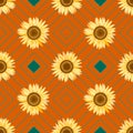 Yellow sunflower seamless pattern on geometric square orange color textured background