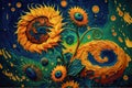 Yellow sunflower with strokes imitating a painting in the style of Vincent Van Gogh