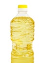 Yellow sunflower or vegetable oil in a plastic liter bottle isolated on white background