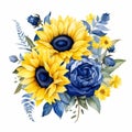 Watercolor Sunflower And Blue Roses Illustration