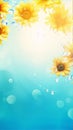 Yellow sunflowers and bubbles float on the surface of blue water