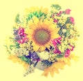 Yellow sunflowers and colored wild flowers in a white vase, close up Royalty Free Stock Photo