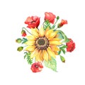 Yellow Sunflowers composition with red poppy, green leaves. Arrangement of Helianthus