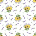 Yellow sunflowers and lavender twig floral ornament seamless pattern, summer plant arrangement symbol of French Provence for Royalty Free Stock Photo