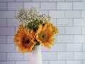 Yellow sunflowers and white babies breath in a white ceramic simple vase against a white subway tile background. Fresh cut bright