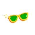 Yellow sunglasses with green lens isolated on white background. Cartoon funny kids orange summer sunglasses icon, label Royalty Free Stock Photo