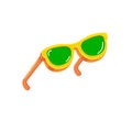 Yellow sunglasses with green lens isolated on white background. Cartoon funny kids orange summer sunglasses icon, label Royalty Free Stock Photo