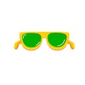 Yellow sunglasses with green lens isolated on white background. Cartoon funny kids orange summer sunglasses icon, label Royalty Free Stock Photo