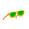 Yellow sunglasses with green lens isolated on white background. Cartoon funny kids orange summer sunglasses icon, label Royalty Free Stock Photo