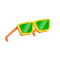 Yellow sunglasses with green lens isolated on white background. Cartoon funny kids orange summer sunglasses icon, label Royalty Free Stock Photo