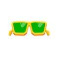 Yellow sunglasses with green lens isolated on white background. Cartoon funny kids orange summer sunglasses icon, label Royalty Free Stock Photo