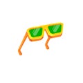 Yellow sunglasses with green lens isolated on white background. Cartoon funny kids orange summer sunglasses icon, label Royalty Free Stock Photo
