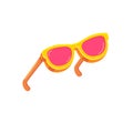 Yellow sunglasses with pink lens isolated on white background. Cartoon funny kids summer sunglasses icon, label and sign