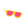 Yellow sunglasses with pink lens isolated on white background. Cartoon funny kids summer sunglasses icon, label and sign