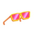 Yellow sunglasses with pink lens isolated on white background. Cartoon funny kids summer sunglasses icon, label and sign