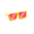 Yellow sunglasses with pink lens isolated on white background. Cartoon funny kids summer sunglasses icon, label and sign