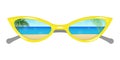 Yellow sunglasses with seascape reflection. Element for design. Hello summer