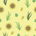 yellow sunflowers with green leaves on a yellow background seamless pattern