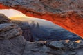 Yellow sunrise at red Mesa Arch in Canyonlands