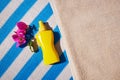 Yellow sunscreen cream bottle for skin protection, Royalty Free Stock Photo