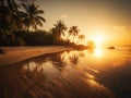 Yellow sunset at the beach. Palm trees sunset background. Waves, sky and yellow sun. Amazing island palms beach background. Royalty Free Stock Photo