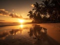 Yellow sunset at the beach. Palm trees sunset background. Waves, sky and yellow sun. Amazing island palms beach background. Royalty Free Stock Photo