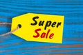 Yellow Super Sale tag. Design for sales, discount, advertising, marketing price tags of clothes, furnishings, cars, food