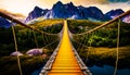 Yellow suspension bridge with mountains in the background Generative AI.