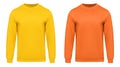 Yellow sweatshirt mockup. Pullover orange long sleeve, clipping path, isolated on white background. Template mens Royalty Free Stock Photo