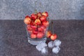 Yellow sweet cherries in a whiskey glass, ice cubes and a bottle of whiskey against a stone background. A refreshing cold cocktail Royalty Free Stock Photo