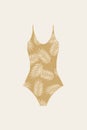 Yellow swimsuit with a tropical print on a white background. illustration of summer women`s clothing for swimming and