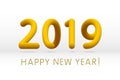 Yellow 2019 symbol, happy new year isolated on white background, vector illustration