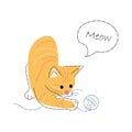 Yellow tabby cat is playing knitting wool ball . Cute cartoon characters . Flat shape and line stroke design .