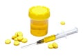Yellow tablets, vaccine and syringe with vaccine of yellow color