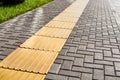 Yellow tactile paving on walkway, tactile ground surface indicators for blind and visually impaired