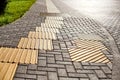 Yellow tactile paving on walkway, tactile ground surface indicators for blind and visually impaired