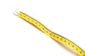 Yellow tailor measuring tape on white background, numbers shown represent centimeters