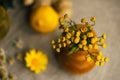 Yellow tansy flowers in wooden vase at the table with blurred lemon, ginger, chamomile flowers and herbs at linen fabric Royalty Free Stock Photo