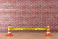 Yellow Tape Do Not Cross Police Line with Road Cones in Museum. 3d Rendering Royalty Free Stock Photo