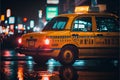 Yellow taxi cab in Tokyo type city at night