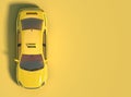 Yellow taxi car on a yellow background with free space for text. Top view. 3D rendering.