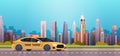 Yellow Taxi Car Cab On Road Over Modern City Background Royalty Free Stock Photo
