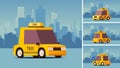 Yellow Taxi Car. on City Landscape Background. IsoFlat Styled Vector Illustration. Royalty Free Stock Photo