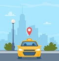 Yellow Taxi Car, front view, on city landscape background. Geotag gps location pin symbol under taxi car. Vector illustration for Royalty Free Stock Photo