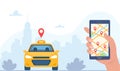 Yellow Taxi Car, front view, on city landscape background. Taxi mobile ordering service app concept. Hand holding smartphone with