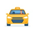 Yellow Taxi Car, front view. Taxi with smiling man driver. Vector illustration in flat style Royalty Free Stock Photo