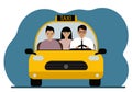 Yellow taxi car. A man in a shirt and tie, a taxi driver, carries a man and a woman passengers. Front view. Royalty Free Stock Photo