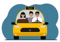 Yellow taxi car. A man in a shirt and tie, a taxi driver, carries a man and a woman passengers. Front view. Royalty Free Stock Photo