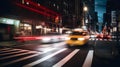 yellow taxi car moving fast on night american city downtown district with motion blur, neural network generated art Royalty Free Stock Photo