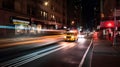 yellow taxi car moving fast on night american city downtown district with motion blur, neural network generated art Royalty Free Stock Photo